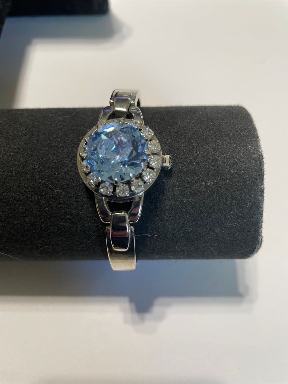 Silver-Tone Bracelet Watch with Blue Crystal Accent